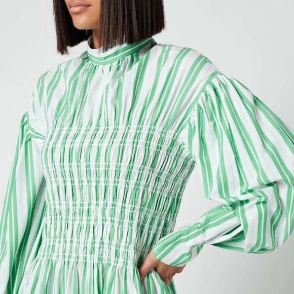 Ganni Balloon Sleeve Striped Cotton Dress with smocked middle - Picture 4 of 14